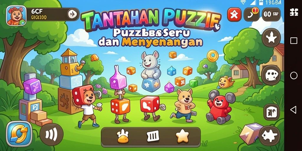 Tampilan gameplay 6CF yang menarik dan penuh warna dalam memecahkan teka-teki.