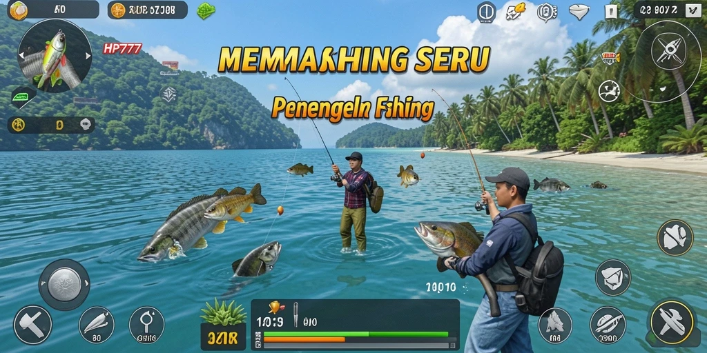 Gameplay HP777 menampilkan pertempuran seru dengan ikan besar.
