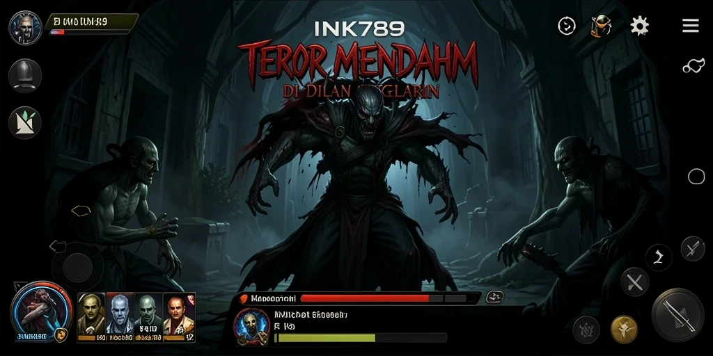 Screenshot gameplay menunjukkan suasana mencekam dengan karakter menghadapi makhluk menyeramkan.